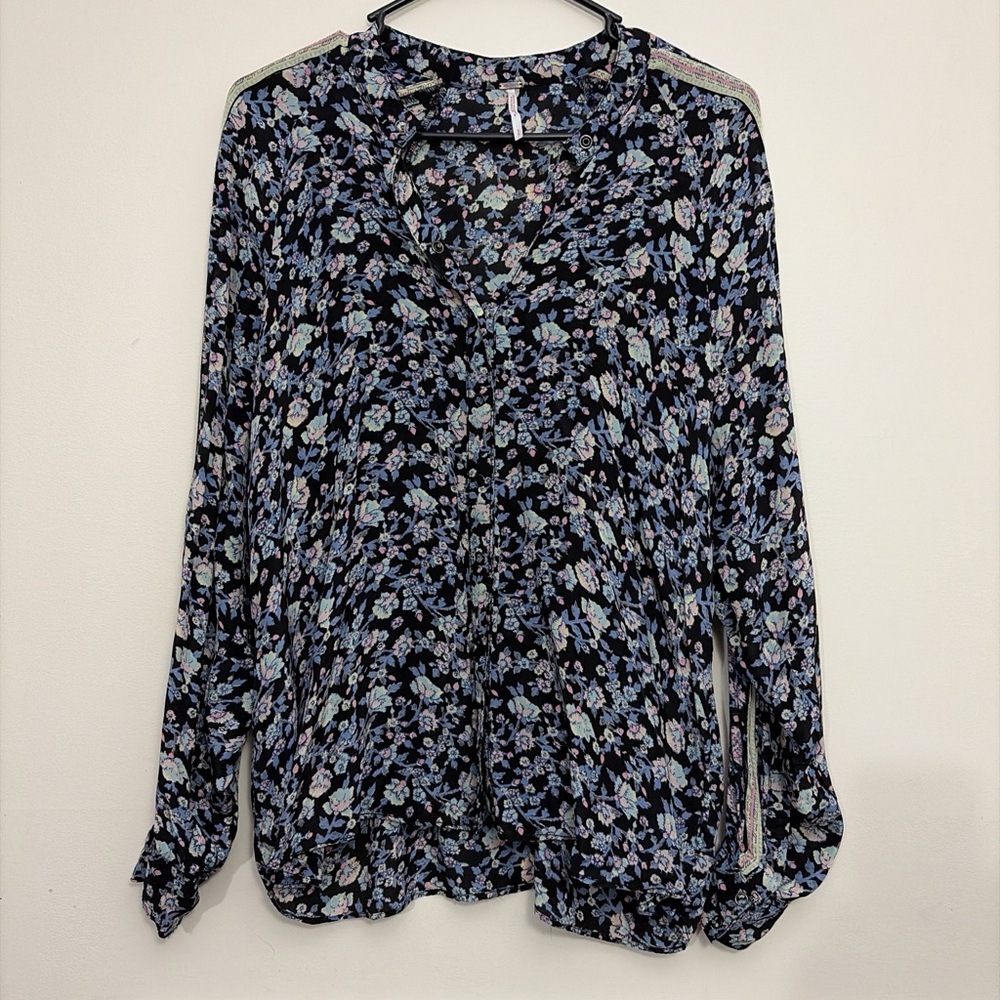 Free People Floral Button Down Shirt - Black and Blue